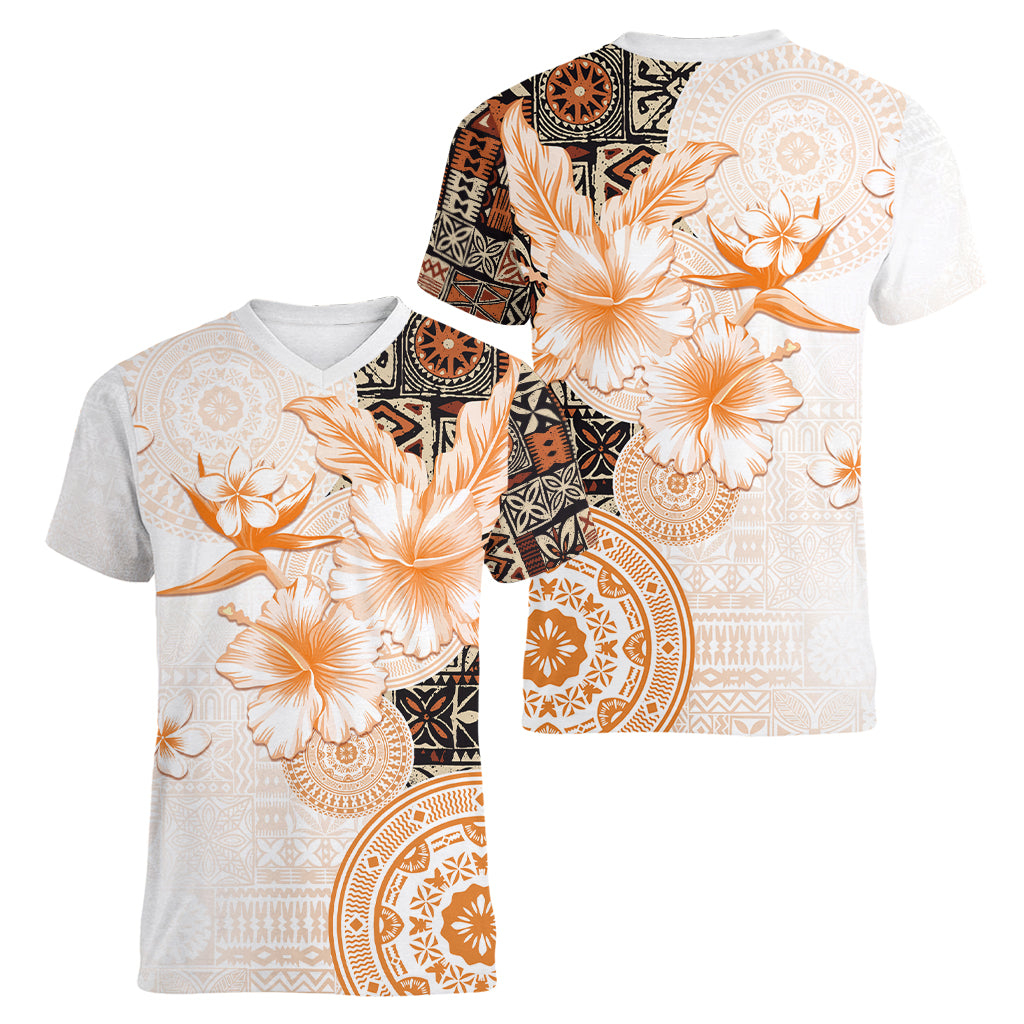 Fiji Women V Neck T Shirt Masi Tapa Pattern Brown LT05 - Polynesian Pride