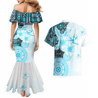 Fiji Couples Matching Mermaid Dress and Hawaiian Shirt Masi Tapa Pattern Blue LT05 - Polynesian Pride