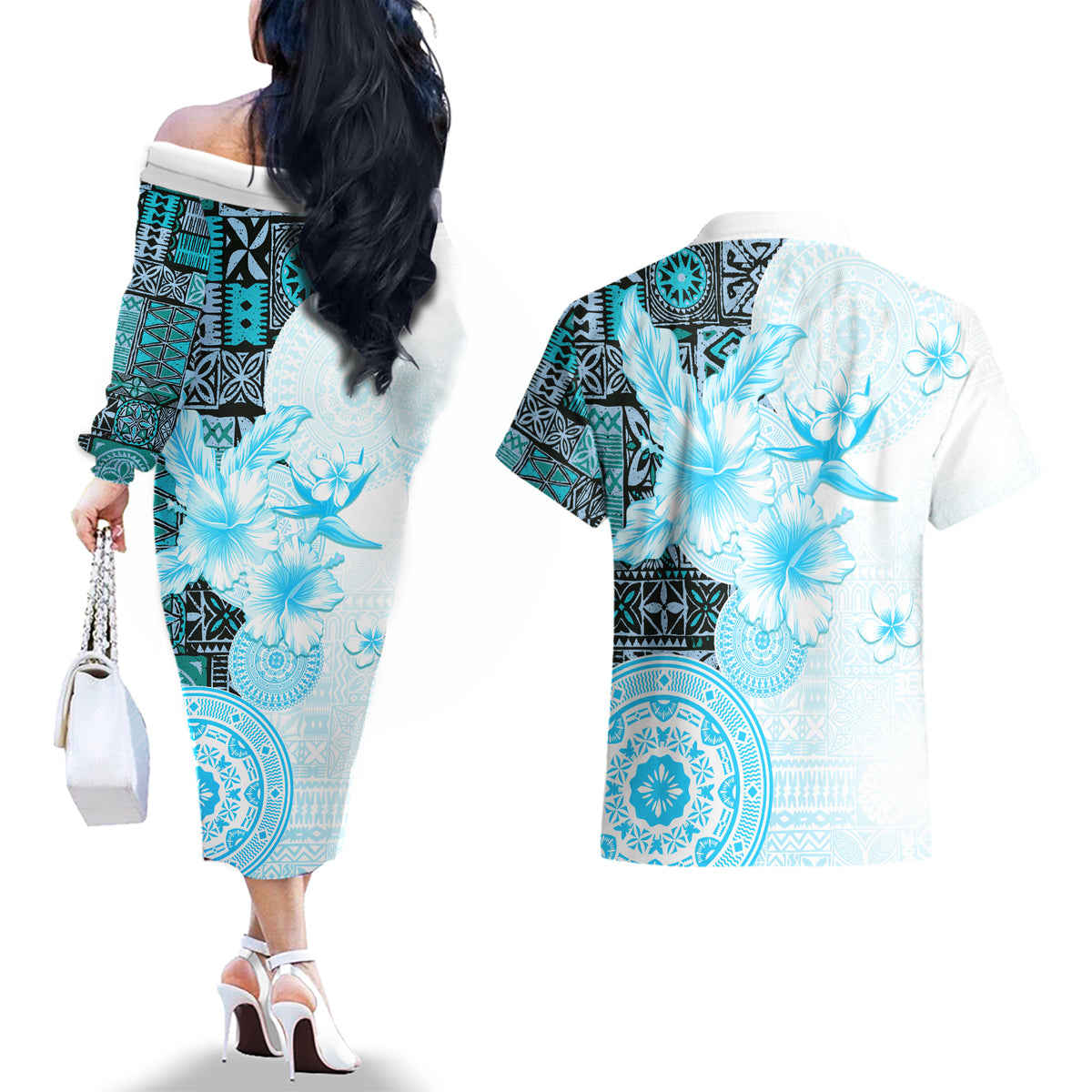 Fiji Couples Matching Off The Shoulder Long Sleeve Dress and Hawaiian Shirt Masi Tapa Pattern Blue LT05 - Polynesian Pride
