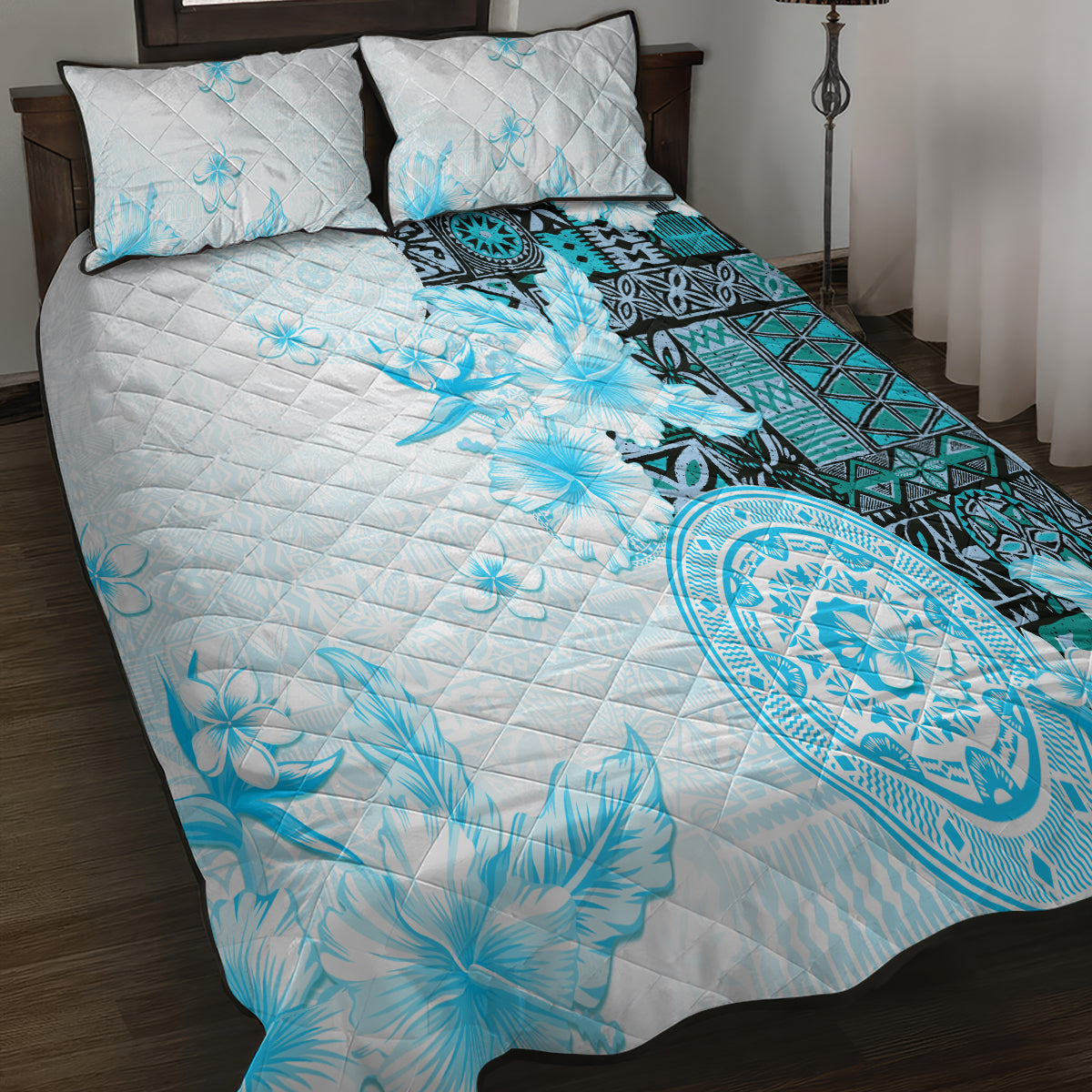 Fiji Quilt Bed Set Masi Tapa Pattern Blue LT05 - Polynesian Pride