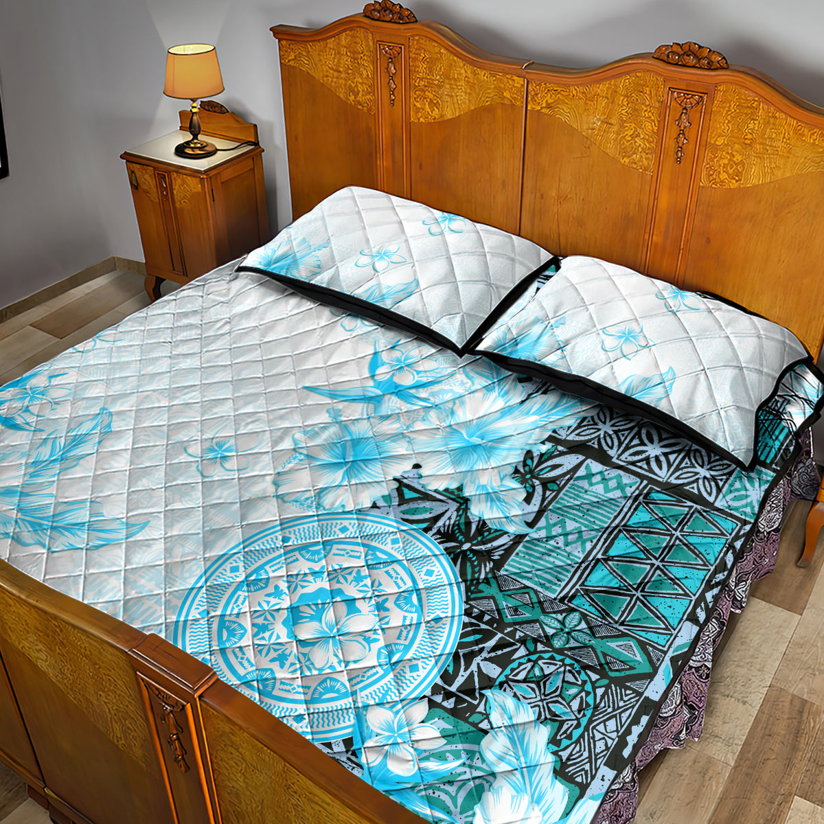 Fiji Quilt Bed Set Masi Tapa Pattern Blue LT05 - Polynesian Pride
