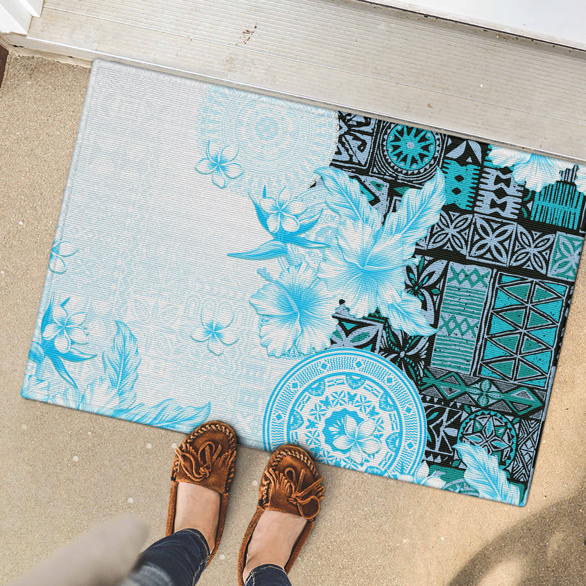 Fiji Rubber Doormat Masi Tapa Pattern Blue LT05 - Polynesian Pride