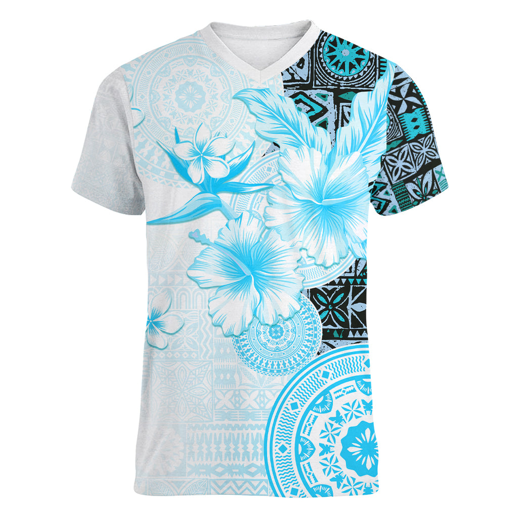 Fiji Women V Neck T Shirt Masi Tapa Pattern Blue LT05 Female Blue - Polynesian Pride