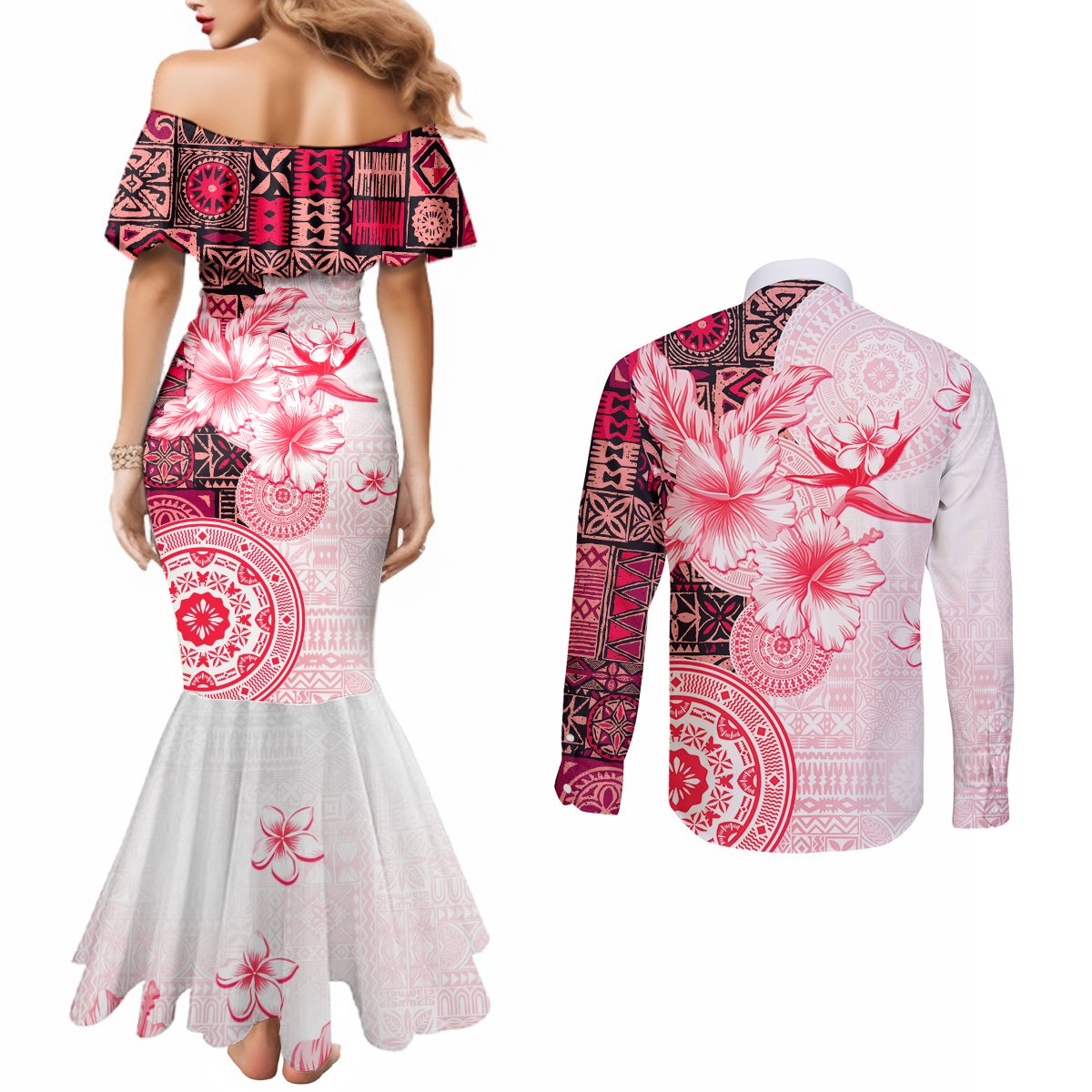 Fiji Couples Matching Mermaid Dress and Long Sleeve Button Shirt Masi Tapa Pattern Red LT05 - Polynesian Pride