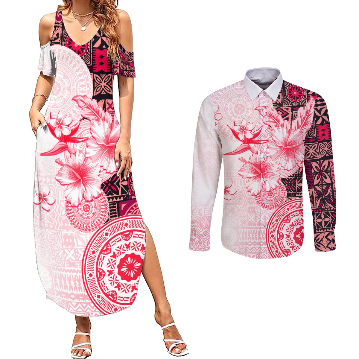 Fiji Couples Matching Summer Maxi Dress and Long Sleeve Button Shirt Masi Tapa Pattern Red LT05 Red - Polynesian Pride