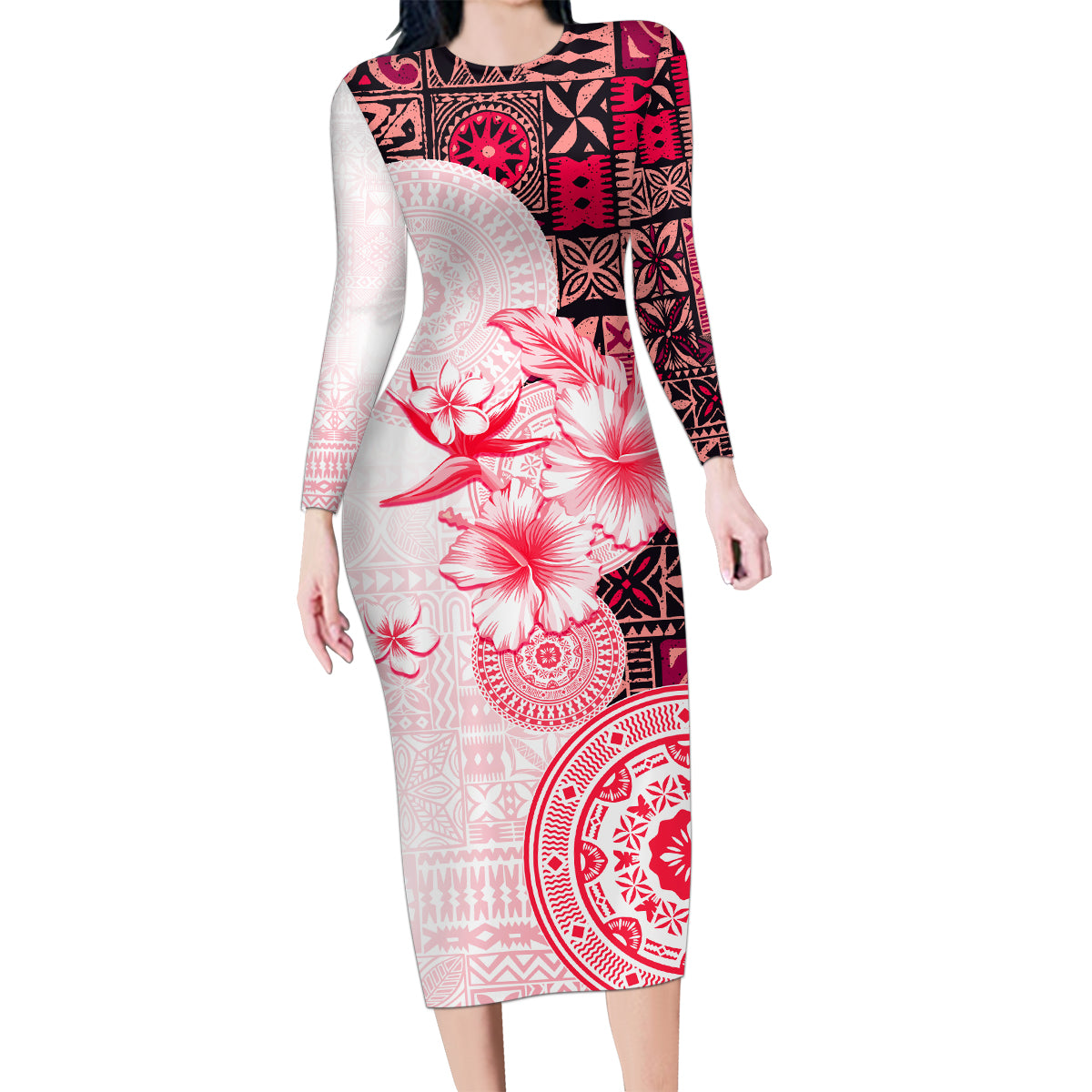 Fiji Family Matching Long Sleeve Bodycon Dress and Hawaiian Shirt Masi Tapa Pattern Red LT05 Mom's Dress Red - Polynesian Pride