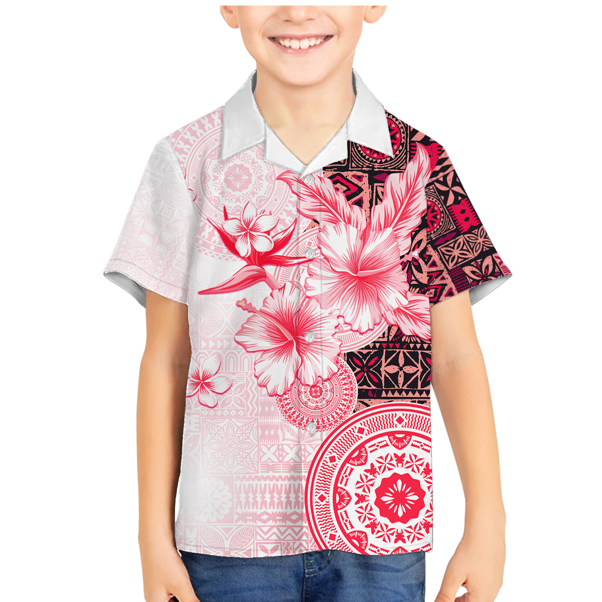 Fiji Family Matching Mermaid Dress and Hawaiian Shirt Masi Tapa Pattern Red LT05 Son's Shirt Red - Polynesian Pride