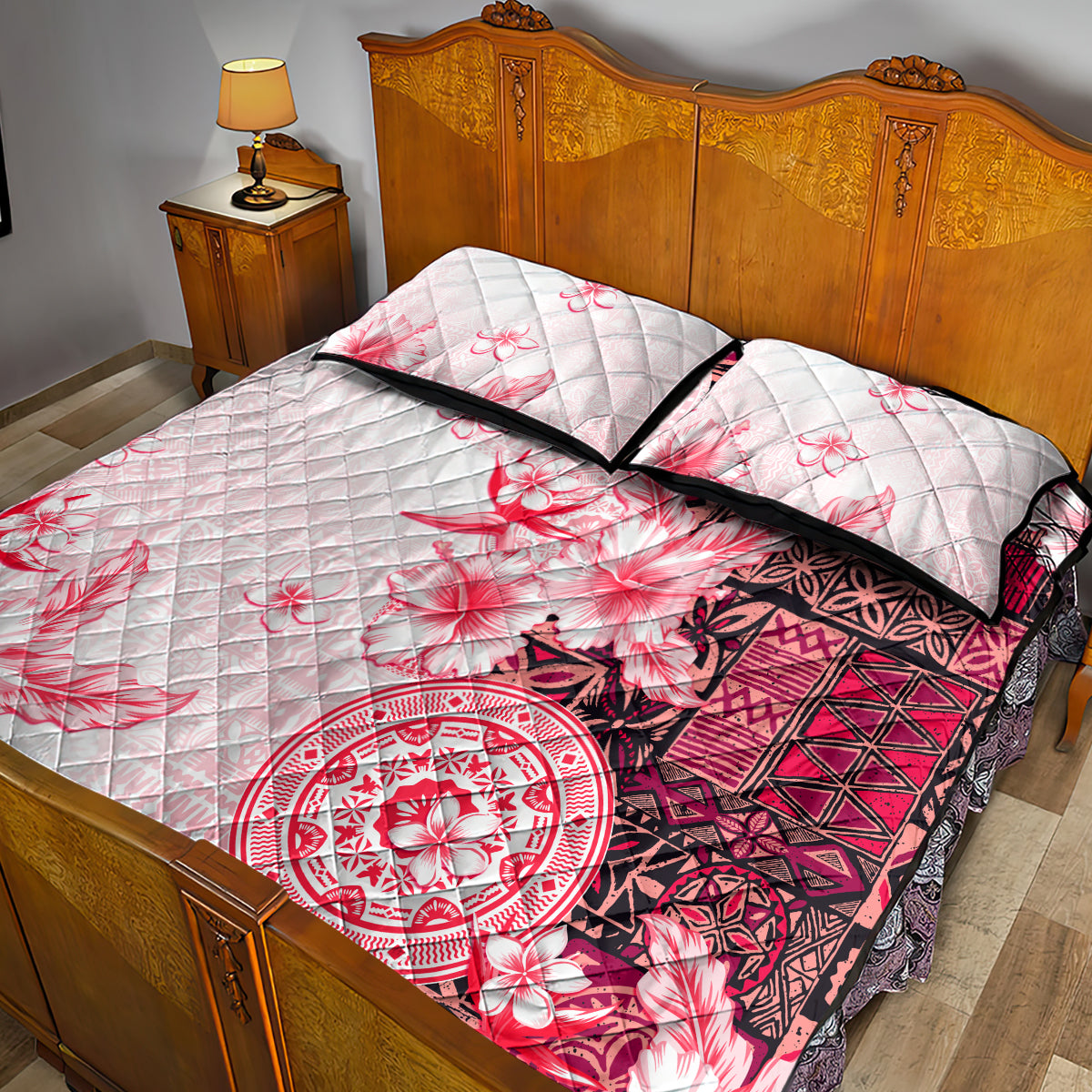 Fiji Quilt Bed Set Masi Tapa Pattern Red LT05 - Polynesian Pride