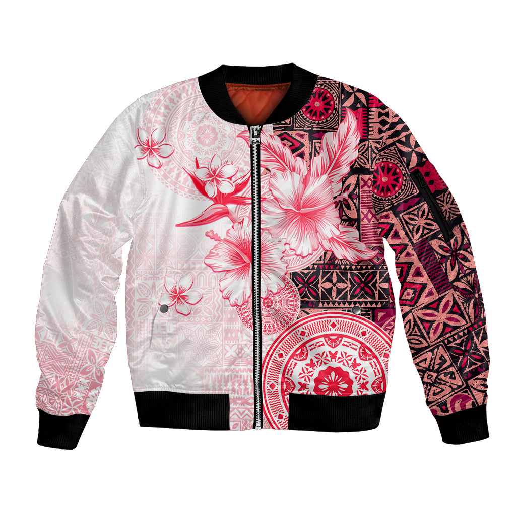 Fiji Sleeve Zip Bomber Jacket Masi Tapa Pattern Red LT05 Unisex Red - Polynesian Pride