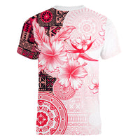 Fiji Women V Neck T Shirt Masi Tapa Pattern Red LT05 - Polynesian Pride