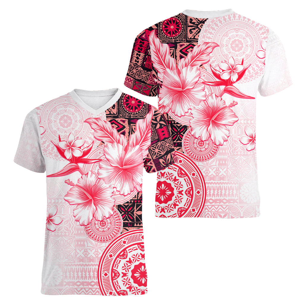Fiji Women V Neck T Shirt Masi Tapa Pattern Red LT05 - Polynesian Pride
