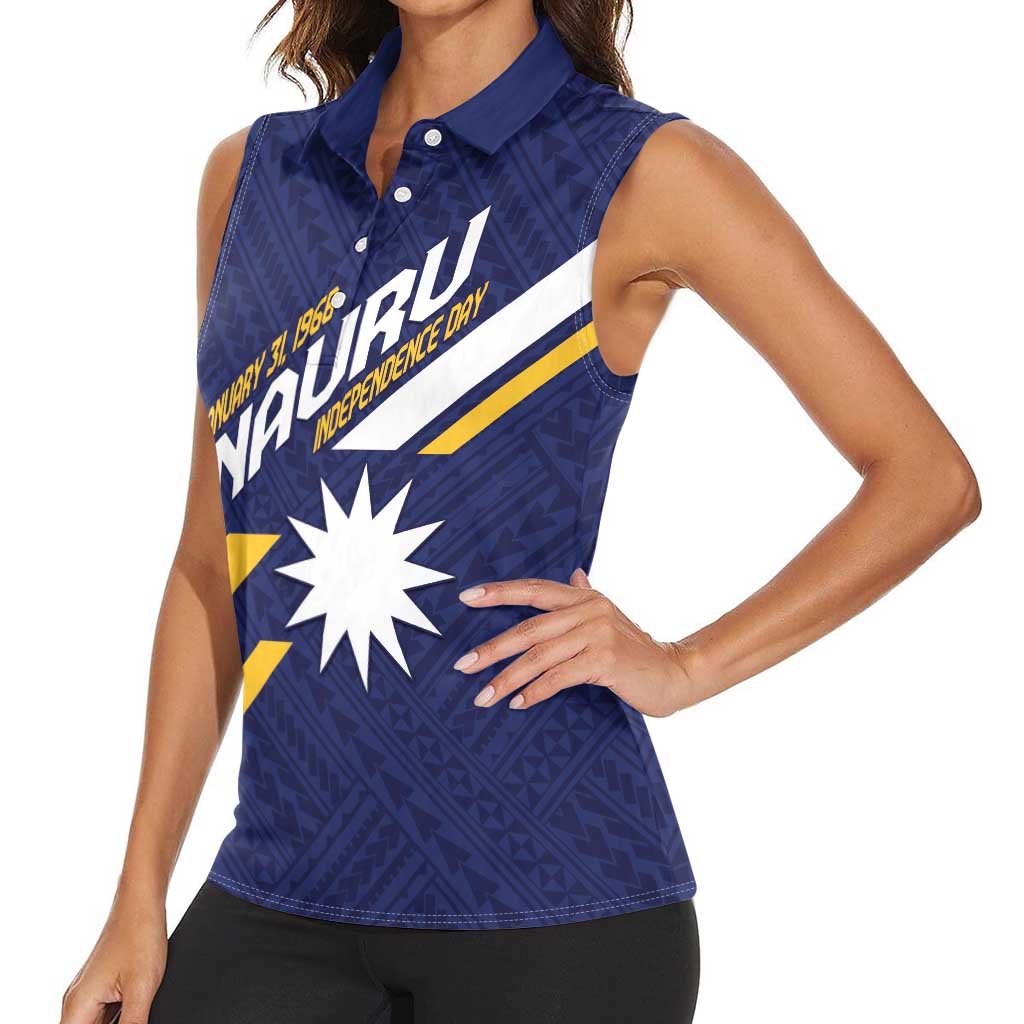 Personalised Happy Nauru Independence Day Women Sleeveless Polo Shirt Polynesian Pattern
