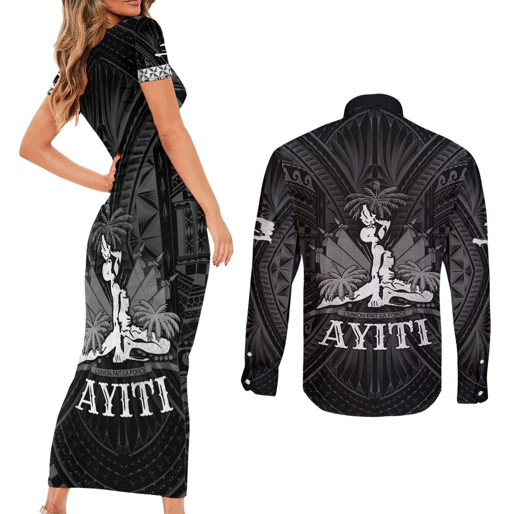 Haiti 1804 Couples Matching Short Sleeve Bodycon Dress and Long Sleeve Button Shirt Polynesian Silver Neg Maron