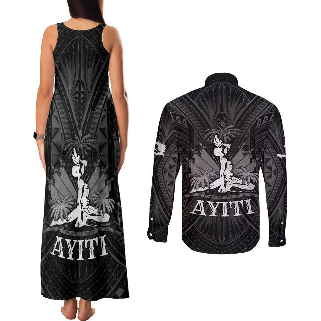Haiti 1804 Couples Matching Tank Maxi Dress and Long Sleeve Button Shirt Polynesian Silver Neg Maron