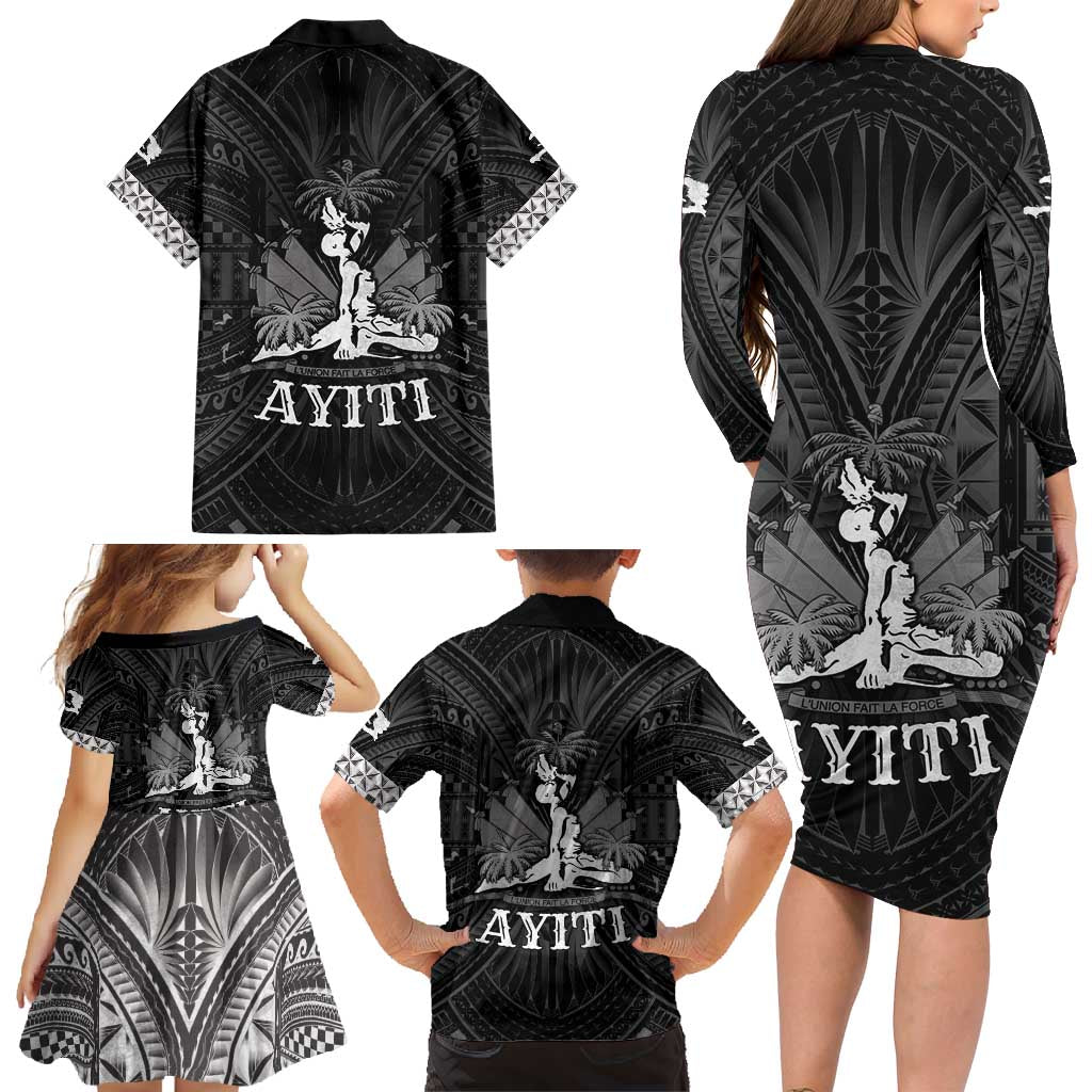 Haiti 1804 Family Matching Long Sleeve Bodycon Dress and Hawaiian Shirt Polynesian Silver Neg Maron