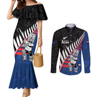 Custom New Zealand Auckland Cricket Couples Matching Mermaid Dress and Long Sleeve Button Shirt With Maori Pattern LT05 Blue - Polynesian Pride