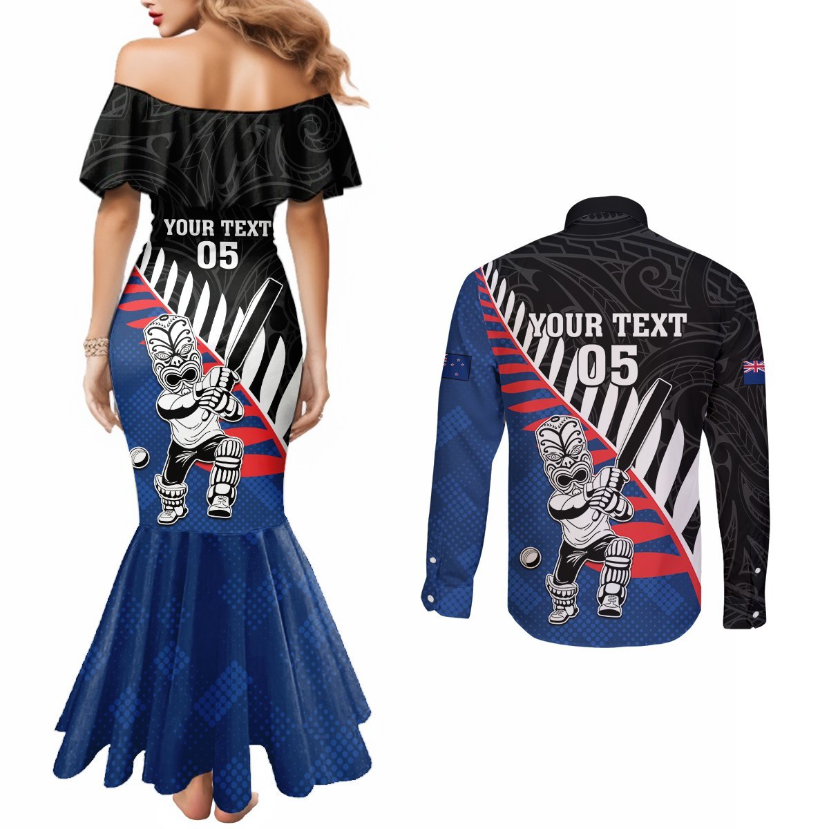 Custom New Zealand Auckland Cricket Couples Matching Mermaid Dress and Long Sleeve Button Shirt With Maori Pattern LT05 - Polynesian Pride