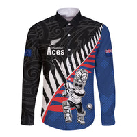 Custom New Zealand Auckland Cricket Long Sleeve Button Shirt With Maori Pattern LT05 Unisex Blue - Polynesian Pride