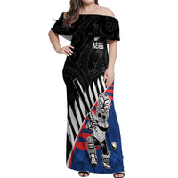 Custom New Zealand Auckland Cricket Off Shoulder Maxi Dress With Maori Pattern LT05 Women Blue - Polynesian Pride