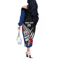 Custom New Zealand Auckland Cricket Off The Shoulder Long Sleeve Dress With Maori Pattern LT05 - Polynesian Pride