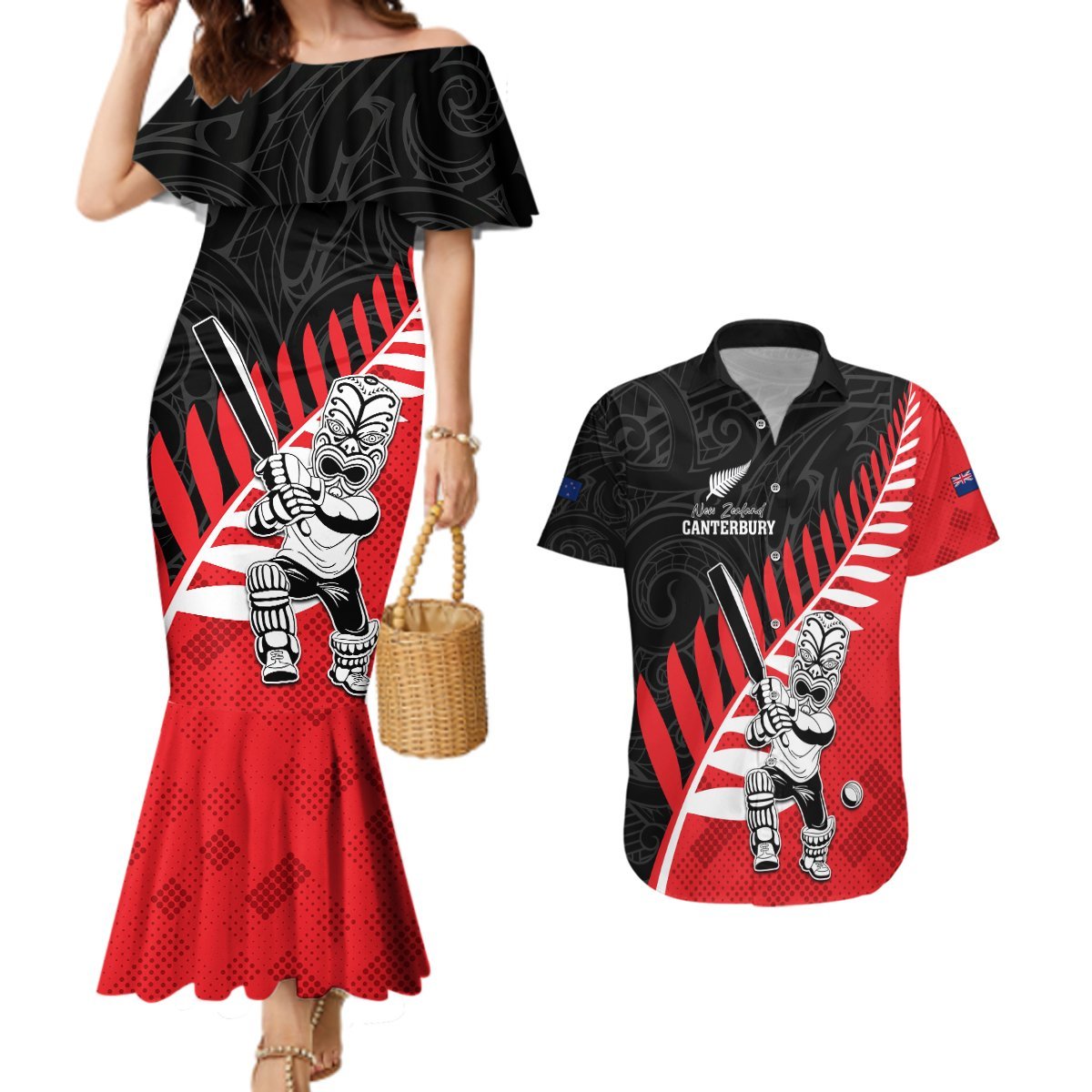 Custom New Zealand Canterbury Cricket Couples Matching Mermaid Dress and Hawaiian Shirt With Maori Pattern LT05 Red - Polynesian Pride