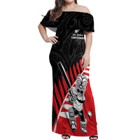 Custom New Zealand Canterbury Cricket Off Shoulder Maxi Dress With Maori Pattern LT05 Women Red - Polynesian Pride