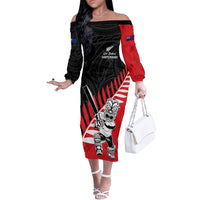Custom New Zealand Canterbury Cricket Off The Shoulder Long Sleeve Dress With Maori Pattern LT05 Women Red - Polynesian Pride