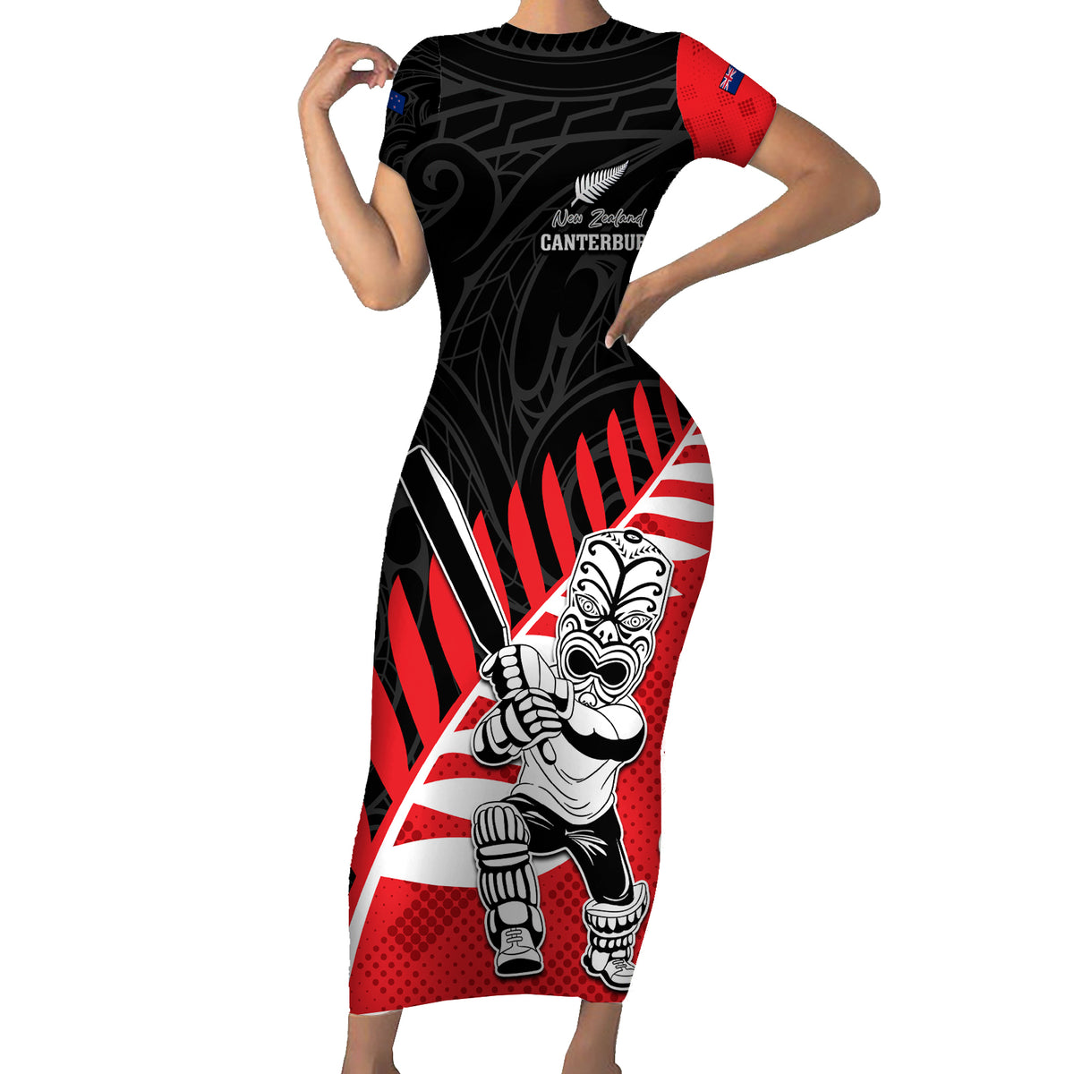 Custom New Zealand Canterbury Cricket Short Sleeve Bodycon Dress With Maori Pattern LT05 Long Dress Red - Polynesian Pride