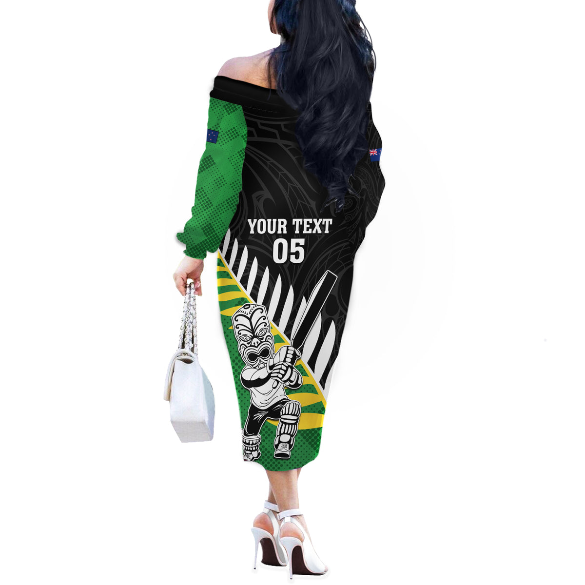 Custom New Zealand Central Districts Cricket Off The Shoulder Long Sleeve Dress With Maori Pattern LT05 - Polynesian Pride
