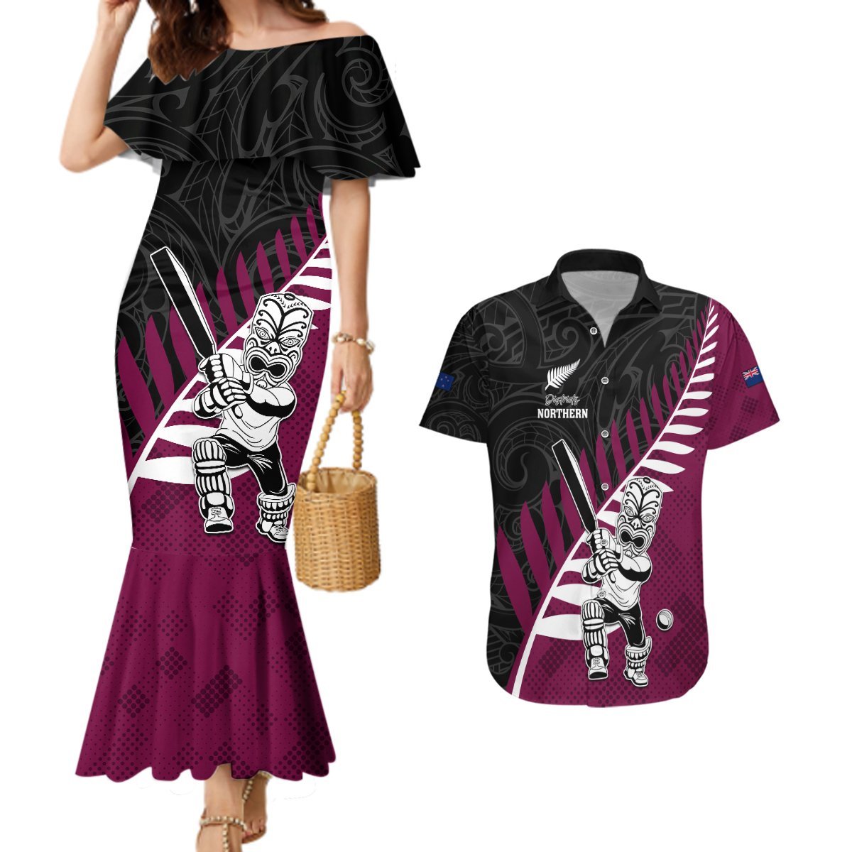 Custom New Zealand Northern Districts Cricket Couples Matching Mermaid Dress and Hawaiian Shirt With Maori Pattern LT05 Maroon - Polynesian Pride