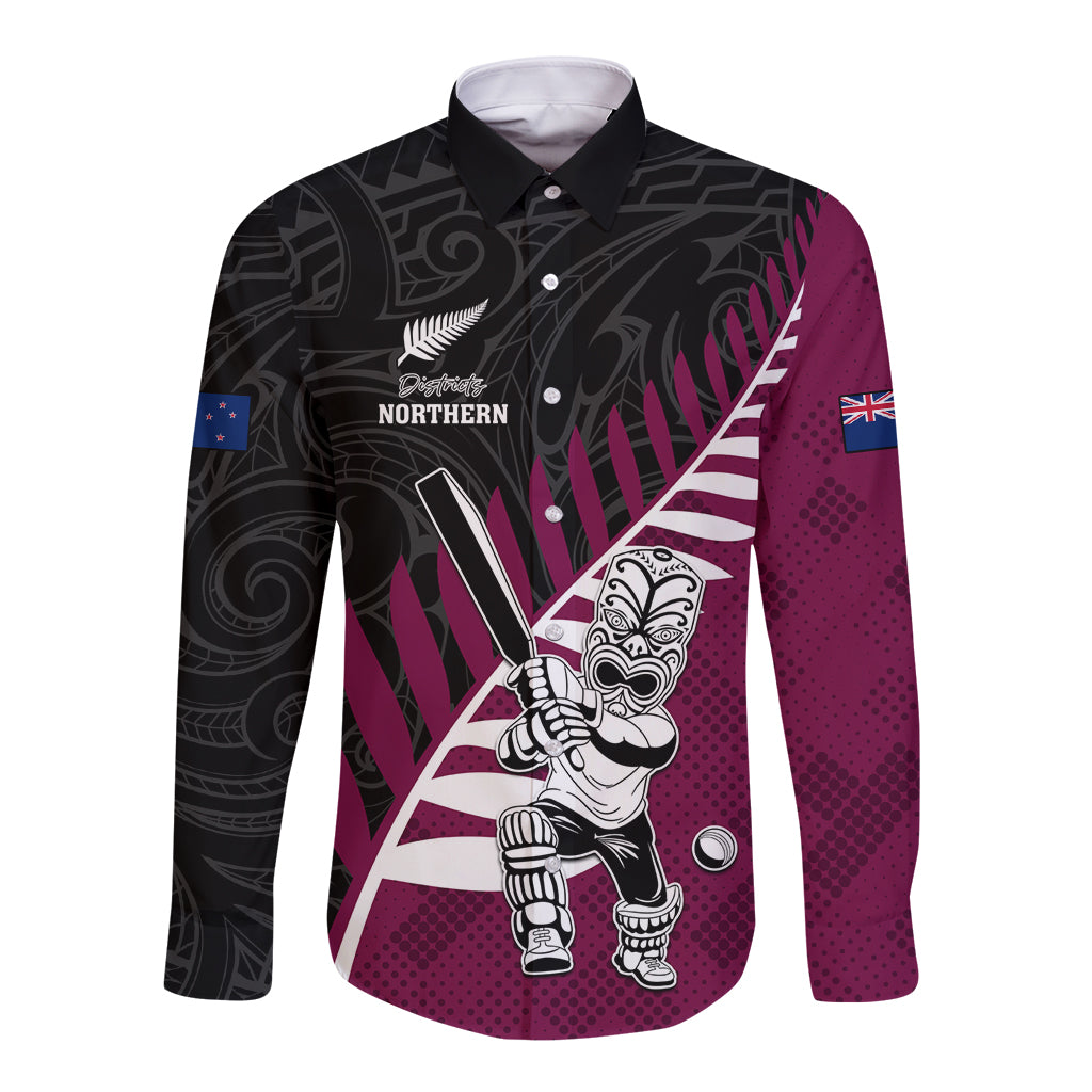 Custom New Zealand Northern Districts Cricket Long Sleeve Button Shirt With Maori Pattern LT05 Unisex Maroon - Polynesian Pride