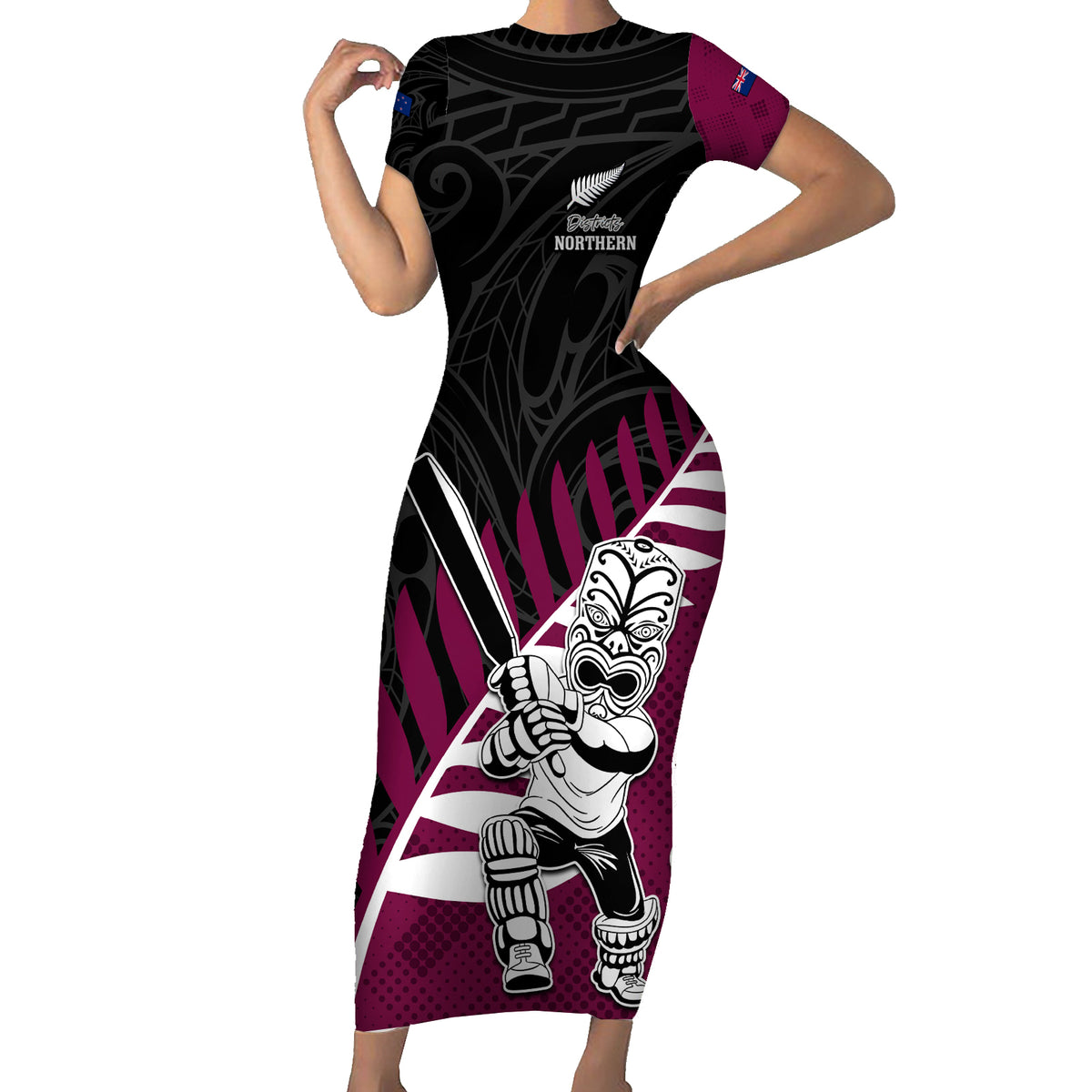 Custom New Zealand Northern Districts Cricket Short Sleeve Bodycon Dress With Maori Pattern LT05 Long Dress Maroon - Polynesian Pride