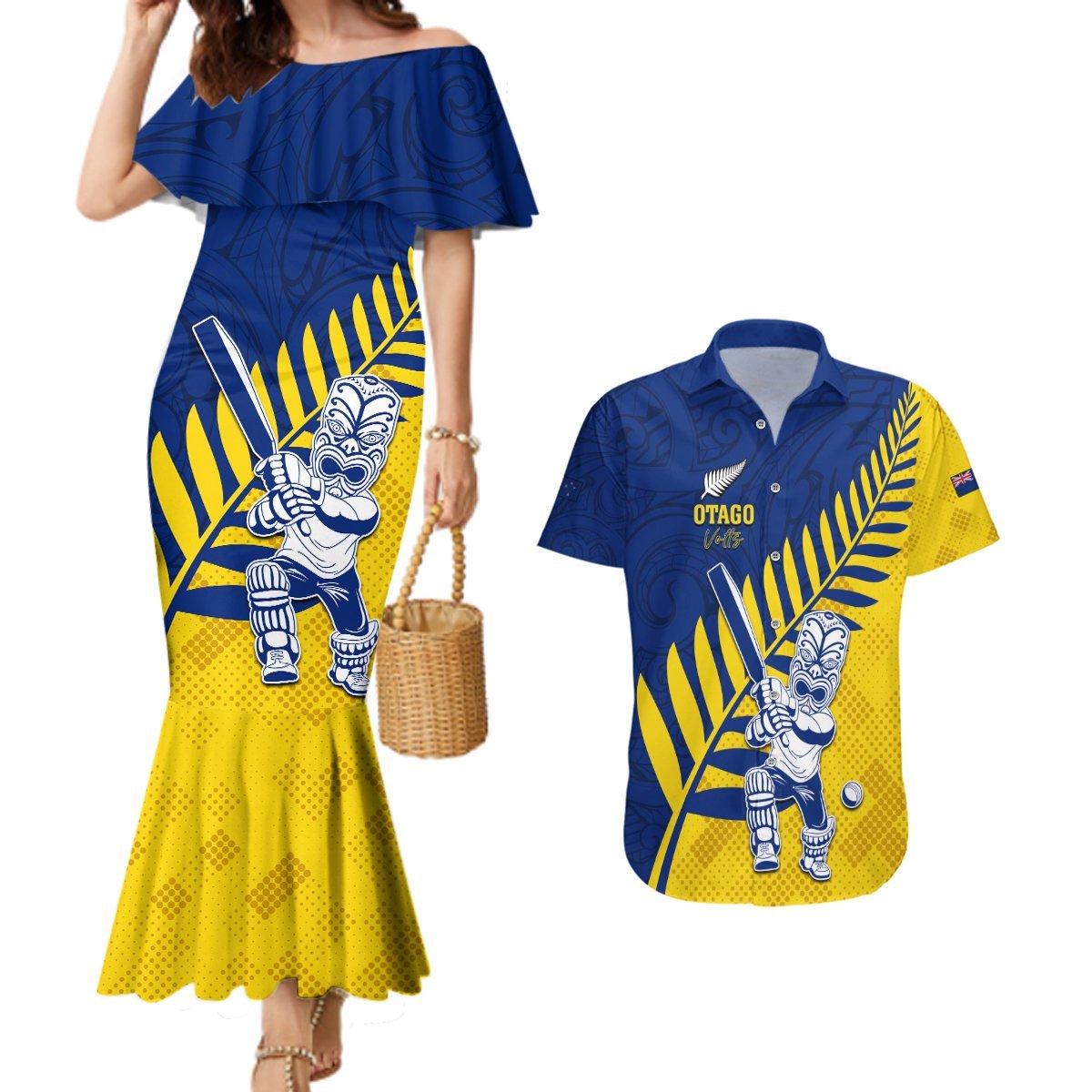 Custom New Zealand Otago Cricket Couples Matching Mermaid Dress and Hawaiian Shirt With Maori Pattern LT05 Yellow - Polynesian Pride