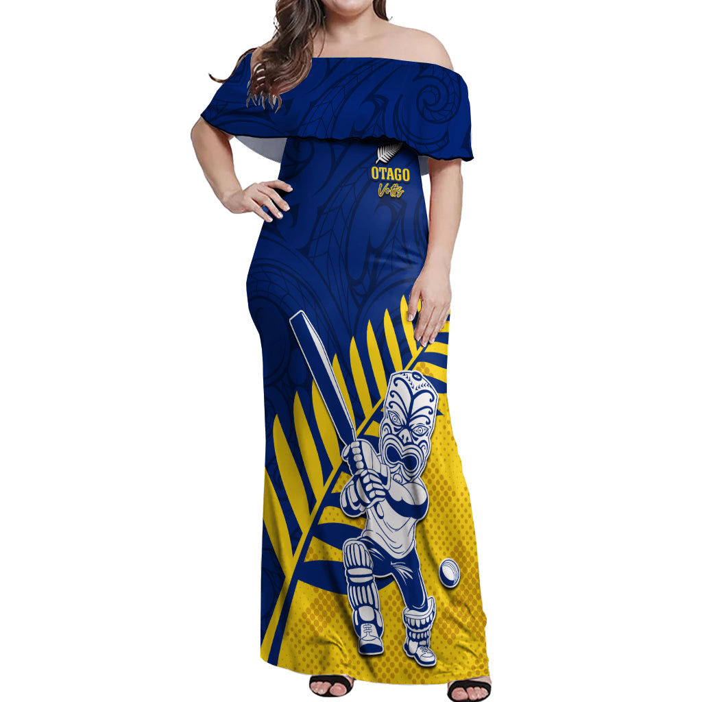 Custom New Zealand Otago Cricket Off Shoulder Maxi Dress With Maori Pattern LT05 Women Yellow - Polynesian Pride