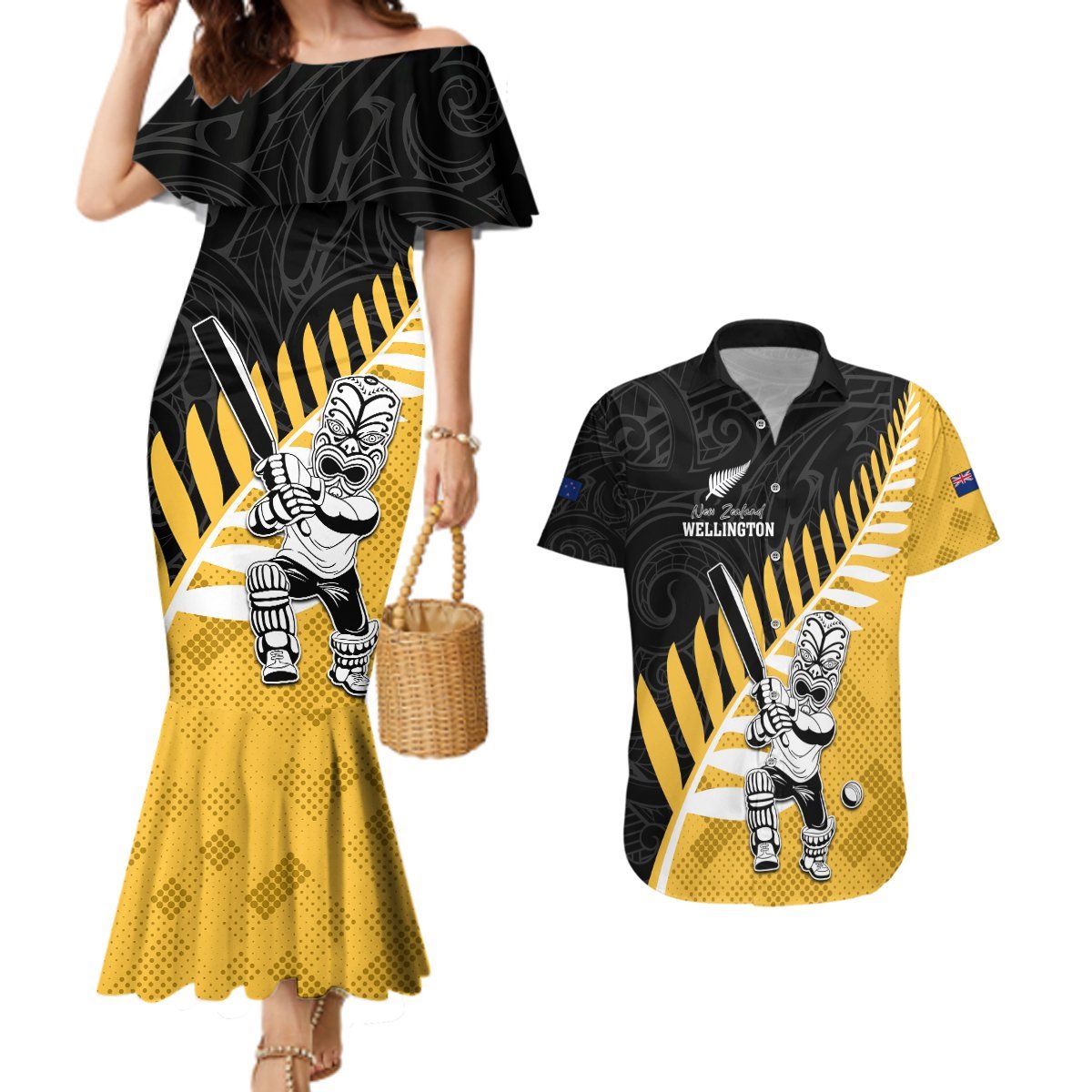 Custom New Zealand Wellington Cricket Couples Matching Mermaid Dress and Hawaiian Shirt With Maori Pattern LT05 Yellow - Polynesian Pride