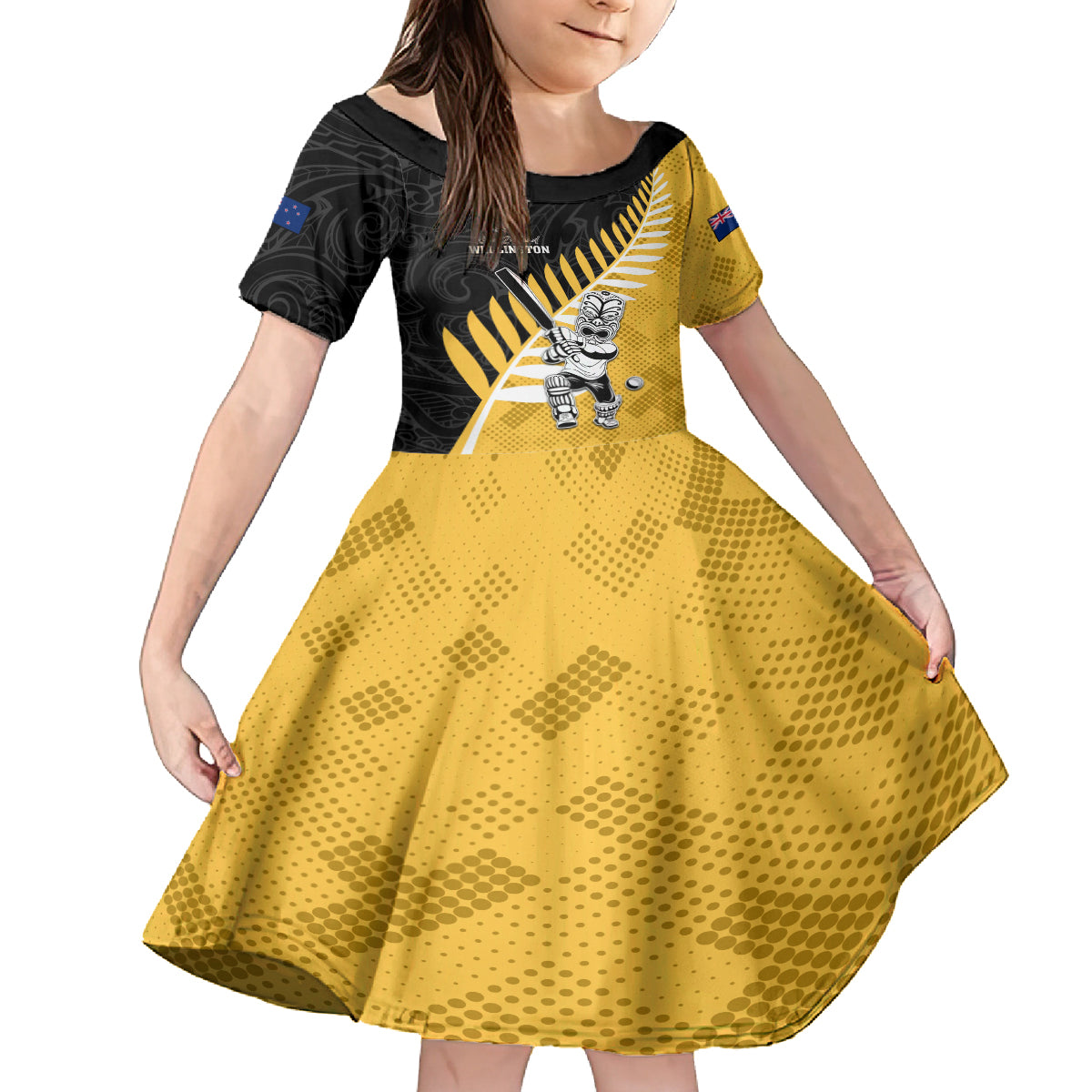 Custom New Zealand Wellington Cricket Family Matching Off Shoulder Short Dress and Hawaiian Shirt With Maori Pattern