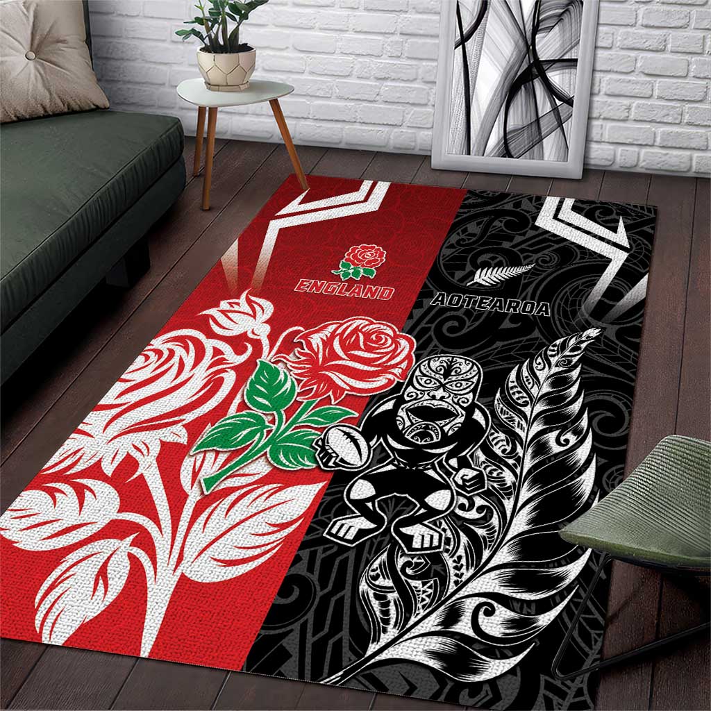 New Zealand And England Rugby Area Rug Maori Tiki With Red Rose Together