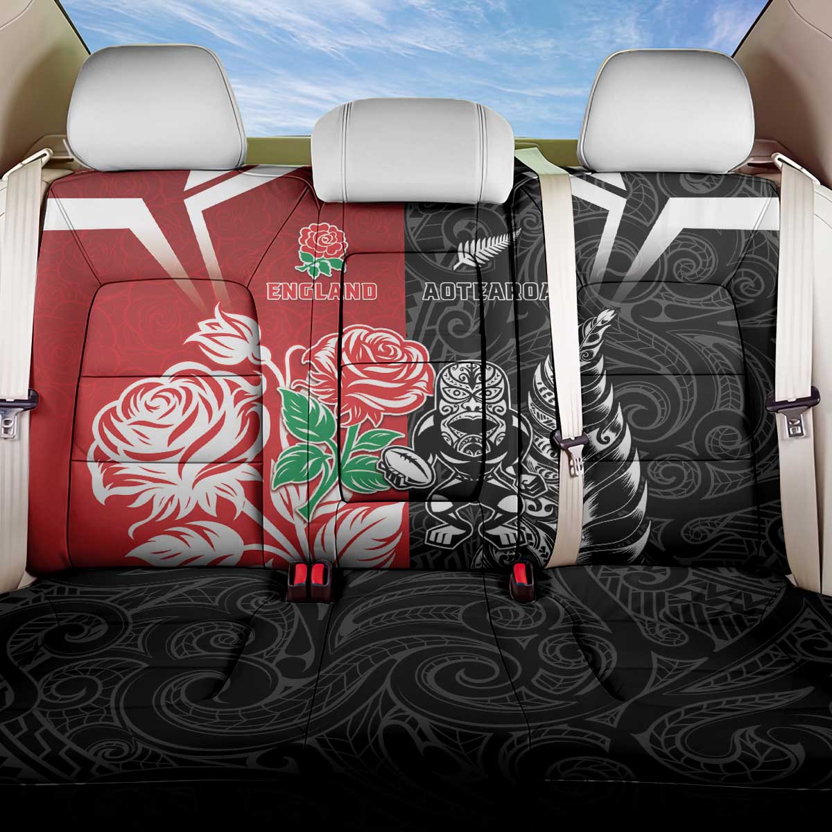 New Zealand And England Rugby Back Car Seat Cover Maori Tiki With Red Rose Together