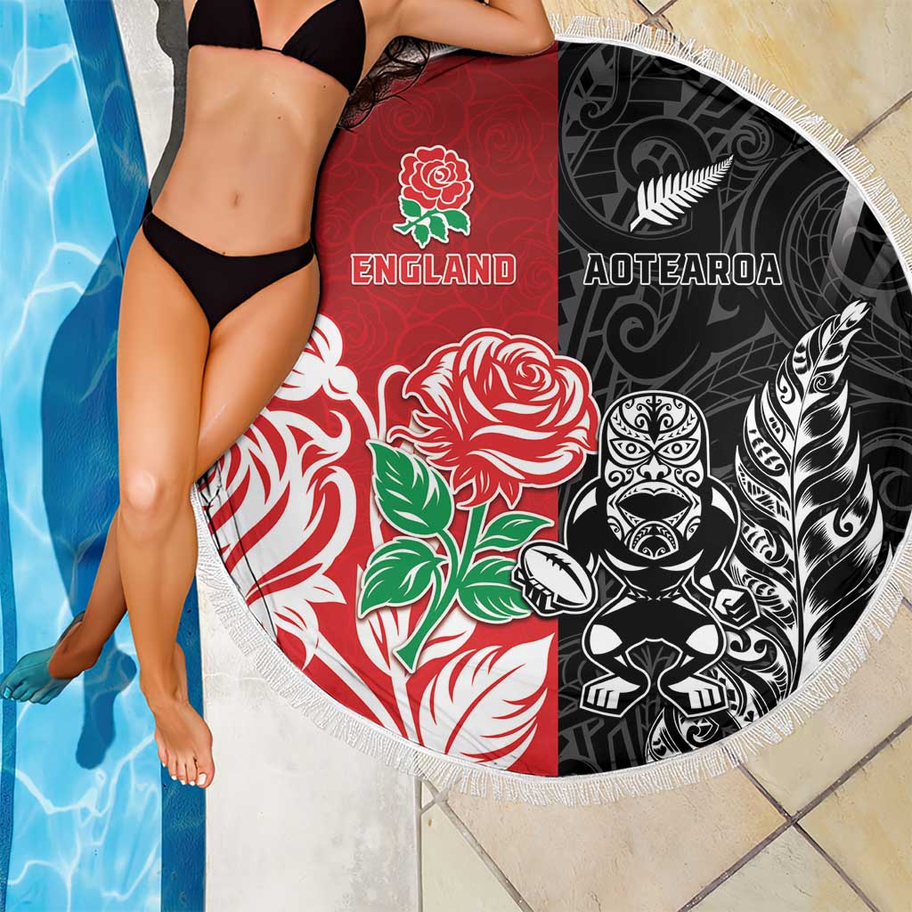 New Zealand And England Rugby Beach Blanket Maori Tiki With Red Rose Together