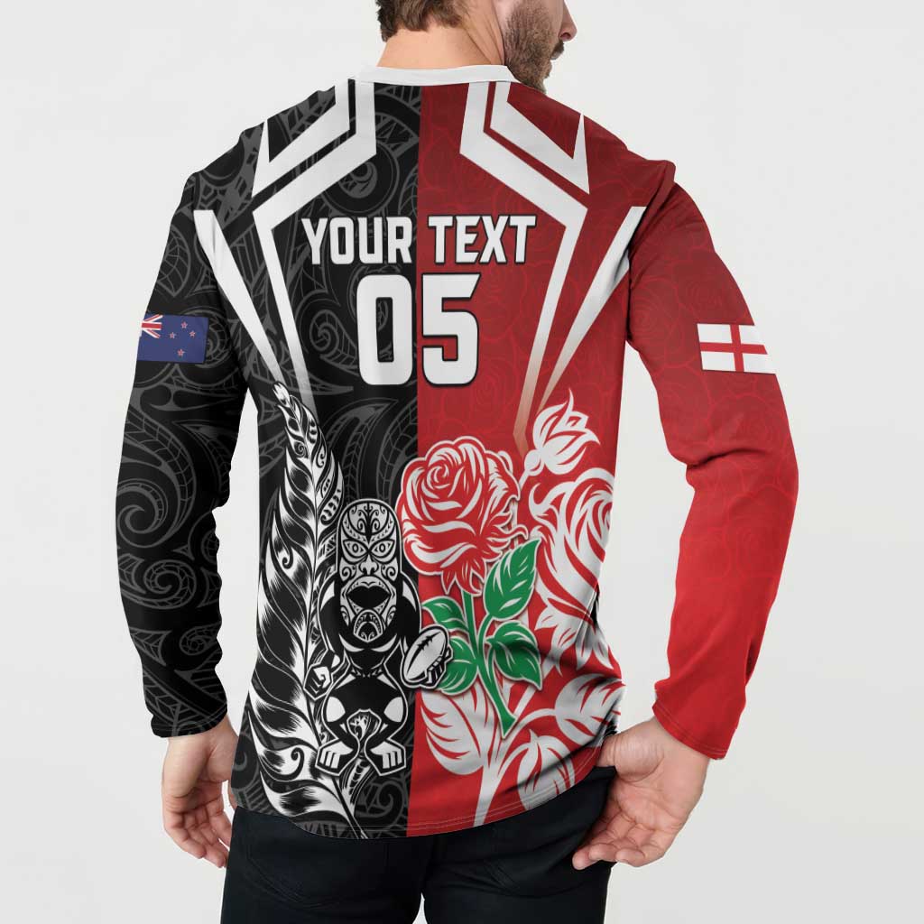 New Zealand And England Rugby Custom Button Sweatshirt Maori Tiki With Red Rose Together