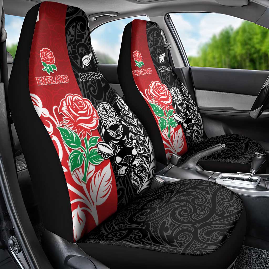 New Zealand And England Rugby Car Seat Cover Maori Tiki With Red Rose Together