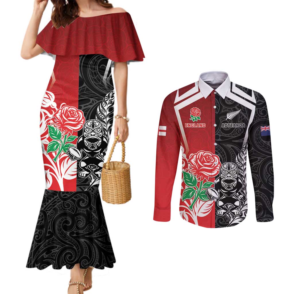 New Zealand And England Rugby Custom Couples Matching Mermaid Dress and Long Sleeve Button Shirt Maori Tiki With Red Rose Together