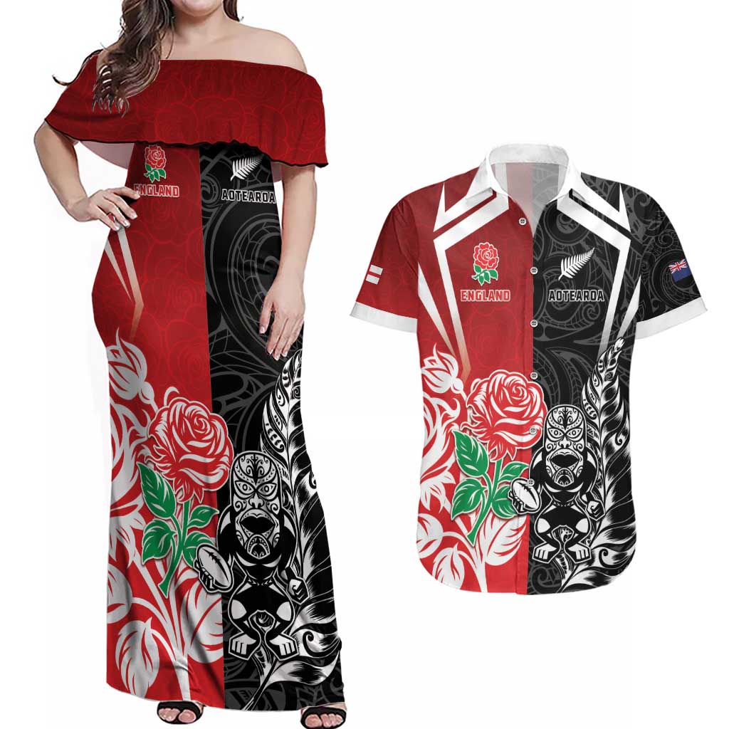 New Zealand And England Rugby Custom Couples Matching Off Shoulder Maxi Dress and Hawaiian Shirt Maori Tiki With Red Rose Together