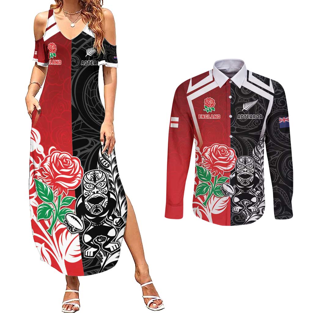 New Zealand And England Rugby Custom Couples Matching Summer Maxi Dress and Long Sleeve Button Shirt Maori Tiki With Red Rose Together