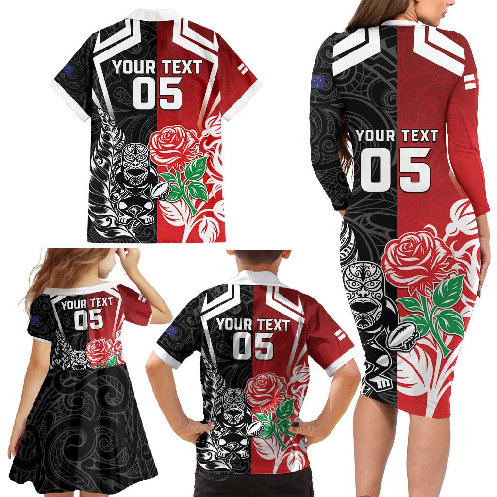 New Zealand And England Rugby Custom Family Matching Long Sleeve Bodycon Dress and Hawaiian Shirt Maori Tiki With Red Rose Together