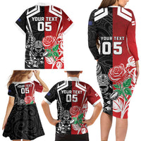 New Zealand And England Rugby Custom Family Matching Long Sleeve Bodycon Dress and Hawaiian Shirt Maori Tiki With Red Rose Together