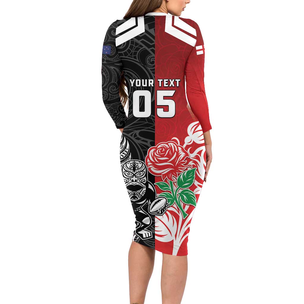 New Zealand And England Rugby Custom Family Matching Long Sleeve Bodycon Dress and Hawaiian Shirt Maori Tiki With Red Rose Together
