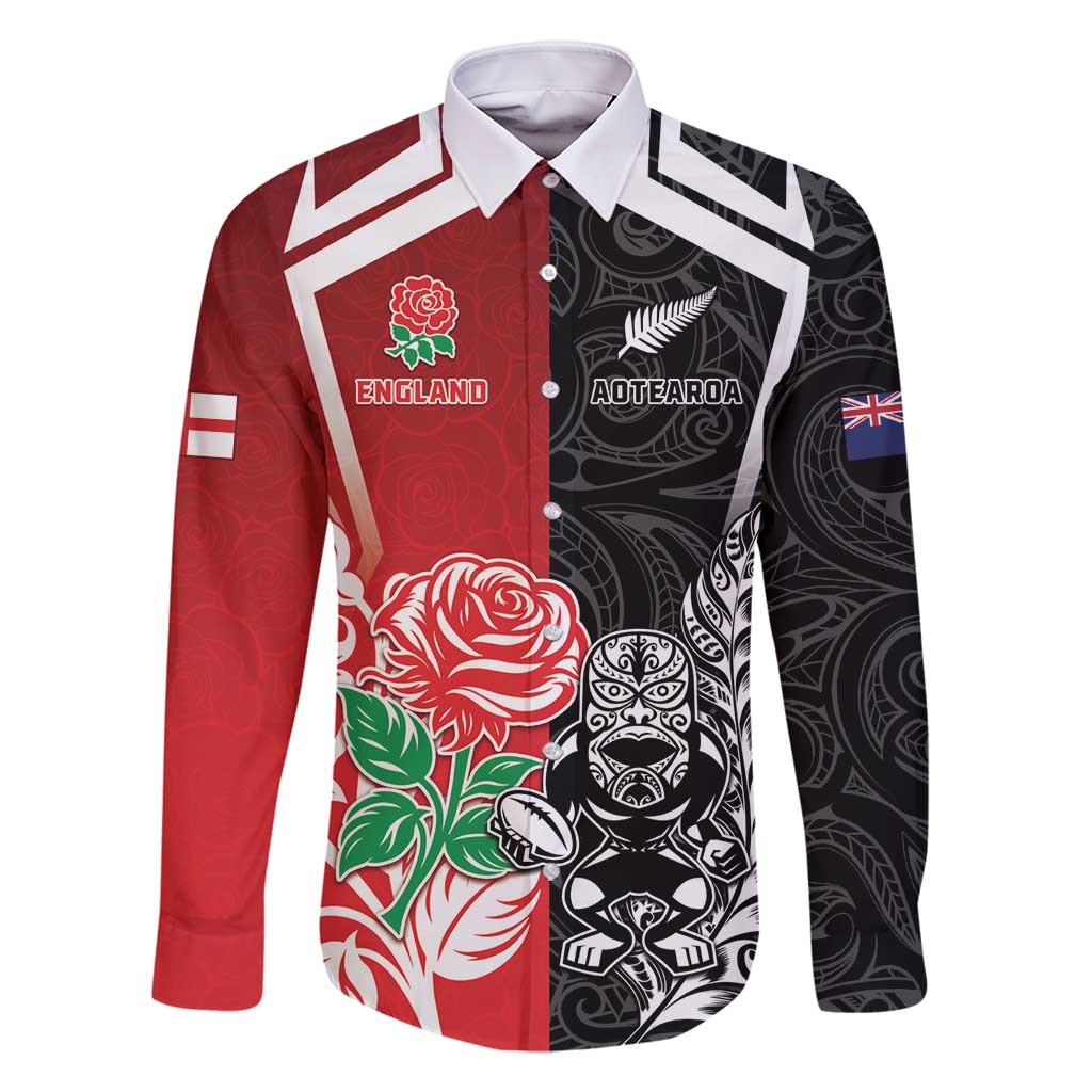New Zealand And England Rugby Custom Family Matching Mermaid Dress and Hawaiian Shirt Maori Tiki With Red Rose Together
