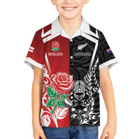 New Zealand And England Rugby Custom Family Matching Off The Shoulder Long Sleeve Dress and Hawaiian Shirt Maori Tiki With Red Rose Together
