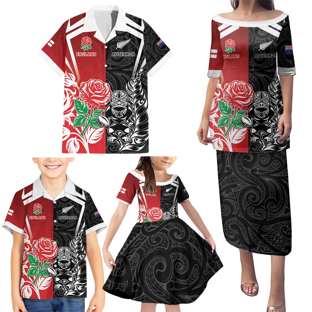 New Zealand And England Rugby Custom Family Matching Puletasi and Hawaiian Shirt Maori Tiki With Red Rose Together